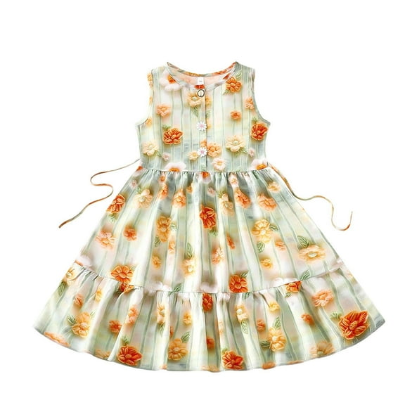Agkizg Girls Sleeveless Tank Dresses Crewneck Flower Print Casual A Line Flower Girl Sundress Dresses