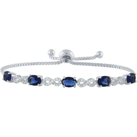 Ceramic Sapphire Bracelet - Sterling Silver Plated Simulated Sapphire and CZ Infinity Adjustable Bracelet