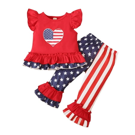

Kids Sets Clothing For Toddler Girls Independence Day USA Flag Star Printed O-Neck Ruffle Sleeve 4 Of July Tops Star Bell Bottoms Pants Outfits Dailywears Comfortable Loose Fittness Sets
