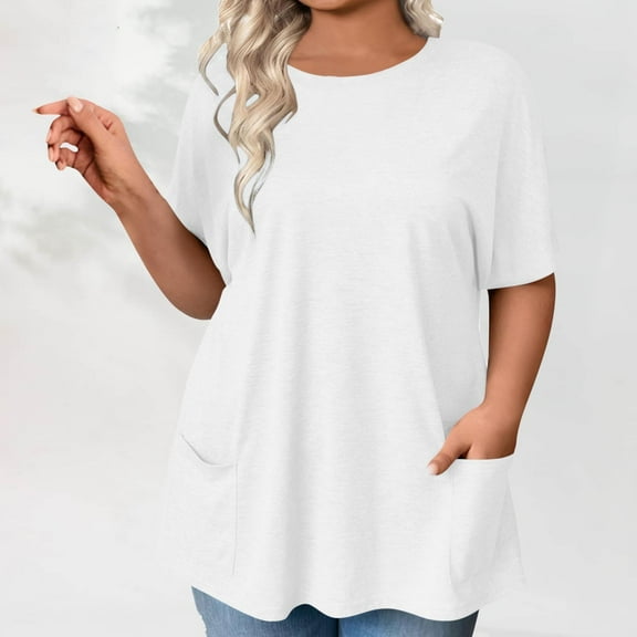Txenfivo Plus Size Tunic Tops for Women Loose Fit Summer Trendy 2025 Oversized Womens Short Sleeves Flowy Hem Tshirts with Side Pockets, White, L-5XL