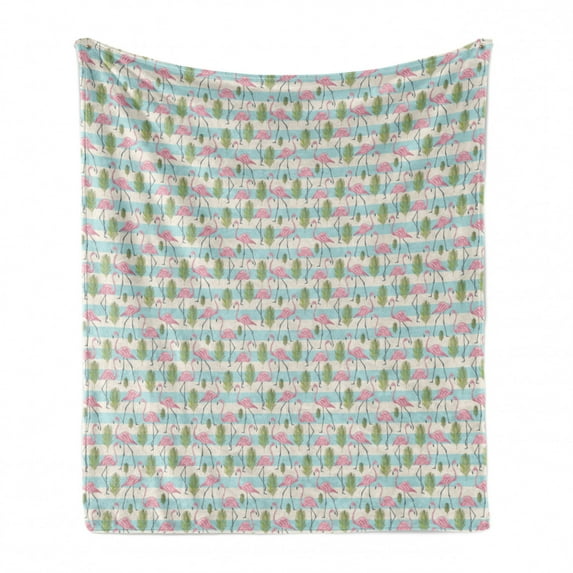 Hawaiian Soft Flannel Fleece Blanket, Striped Background with Pink Flamingos and Coconut Palm Tree Leaves, Cozy Plush for Indoor and Outdoor Use, 60" x 80", Pale Blue and Multicolor, by Ambesonne