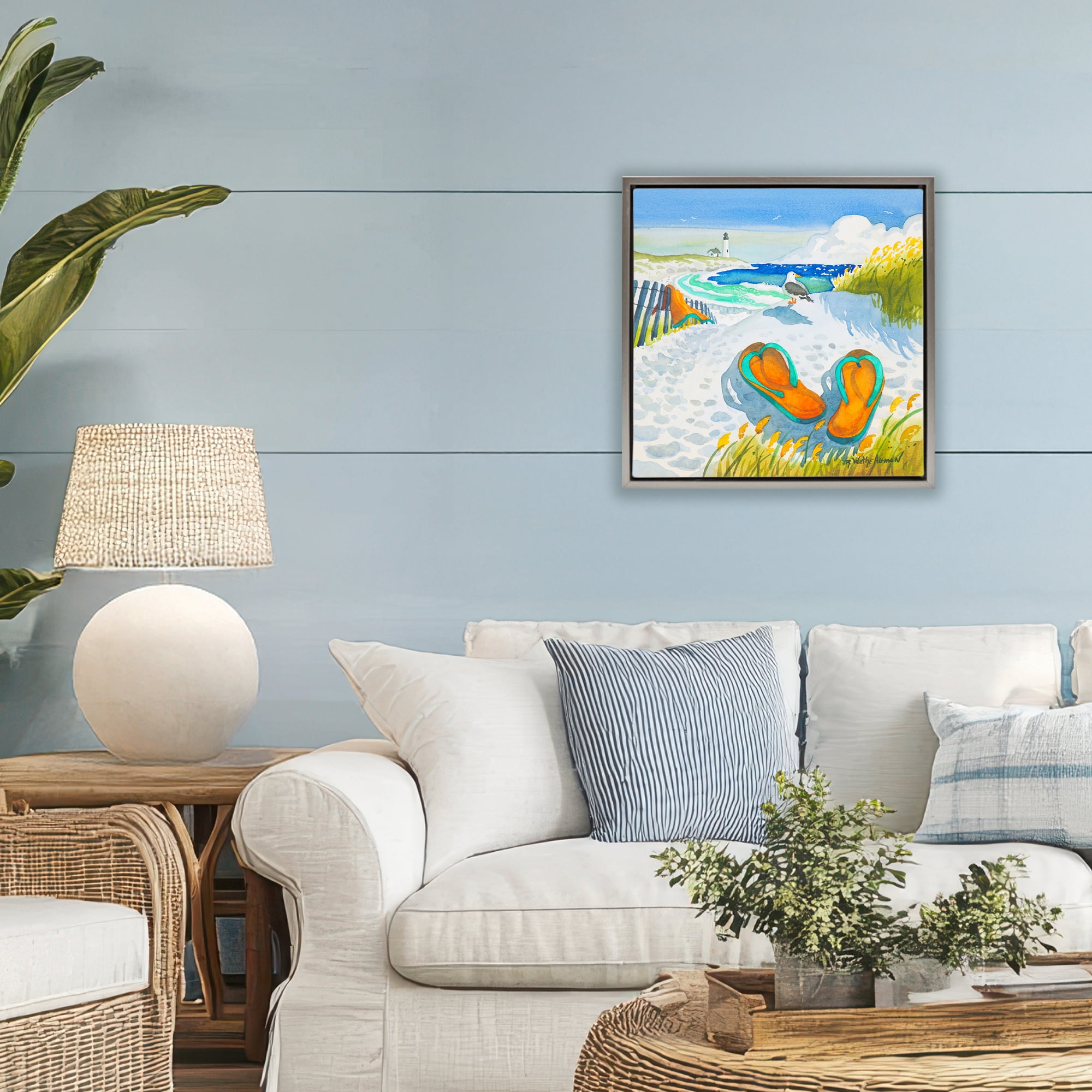 Stupell Industries Seagull & Flip Flops Gray Framed Floater Canvas Wall Art, design by Robin Altman