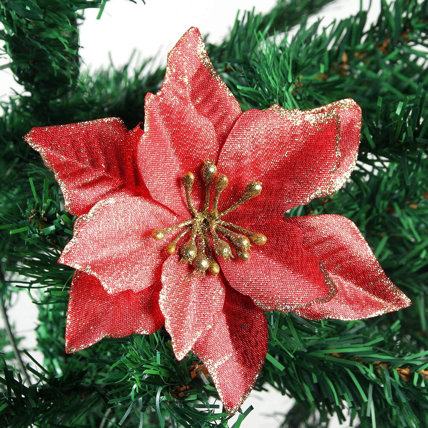 12 Pack Silver Christmas Glitter Poinsettia Flowers Decorative Artificial Poinsettia Flowers - Red
