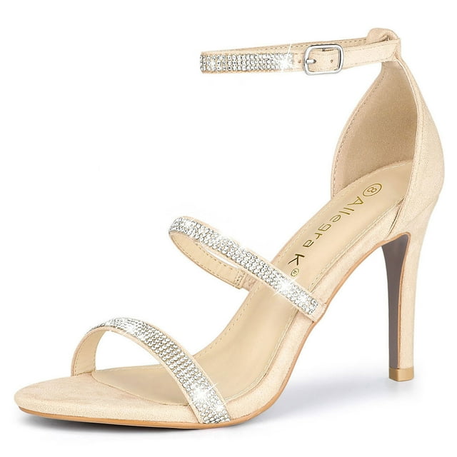 BLISSFUL STEP Women's Rhinestone Ankle Strap Heel Sandals