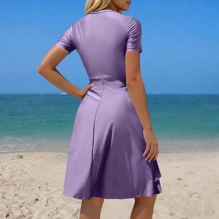 swim dress with built in shorts Floleo Women’s Short Sleeve Zip-Front Swim Dress Modest Two-Piece Swimsuit  with Built-In Shorts Rash Guard for Beach Pool and Water Activities