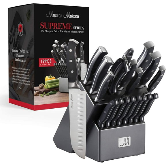 Master Maison 19-Piece Premium Kitchen Knife Set With Wooden Block | Master Maison German Stainless Steel Cutlery With Knife Sharpener & 8 Steak Knives (Gray)