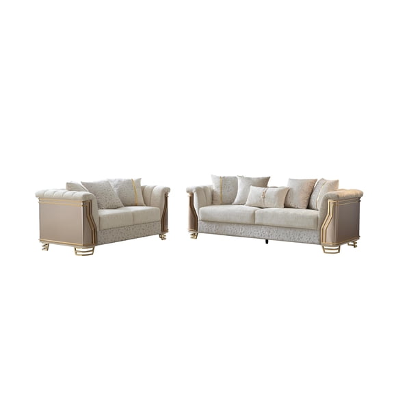 Chateau 2Pc Luxury Living Room Set with Gold Stainless Steel Legs in Cream