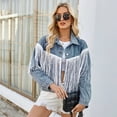 thumbnail image 5 of LYMAYTER Womens Denim Jacket Fall Fringe Washed Cowboy Outwear Female Lapel Long Sleeve Jeans Jacket S-XL, 5 of 8