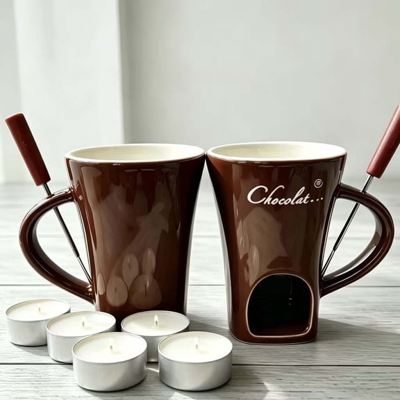 Chocolate Fondue Mug Set, Mini Melting Fondue Cup With 6 Candles, Portable Ceramic Fondue Pot For Candy Snack Caramel Party
