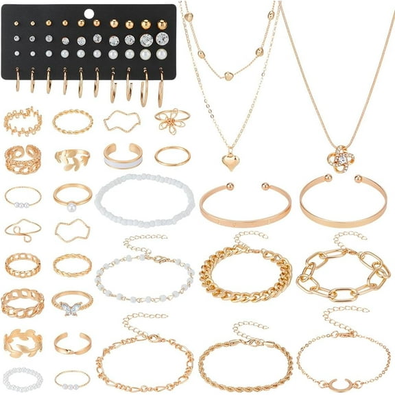 71Pcs Golden Jewelry Set Women Stud Earrings Hoop Earrings Heart Pendant Necklaces Mixed Rings Bracelets Bangles Gold Plated Jewelry Fashion Costume Set