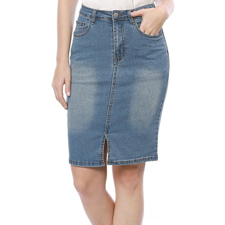 Trim Jean Skirt - Women Slant Pockets Split Trim Washed Denim Pencil Skirt Dress Blue S (US 6)