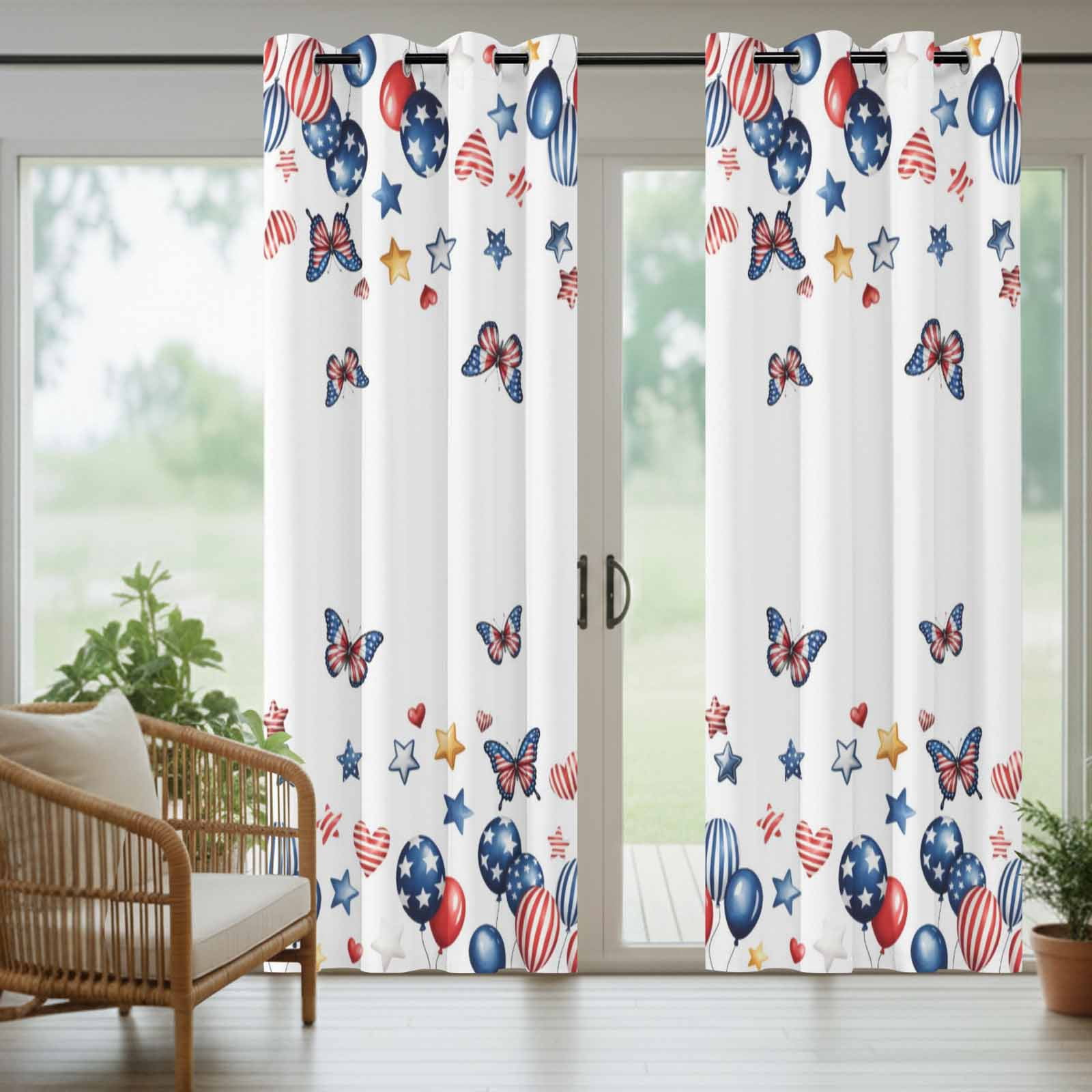 Independence Day Outdoor Curtains for Patio, Butterflies Star Flags Blue Balloons Striped Sunshade Privacy Drapes Grommet Waterproof Outside Curtains for Porch/Cabana/Balcony 54"x 108", 1 Panel