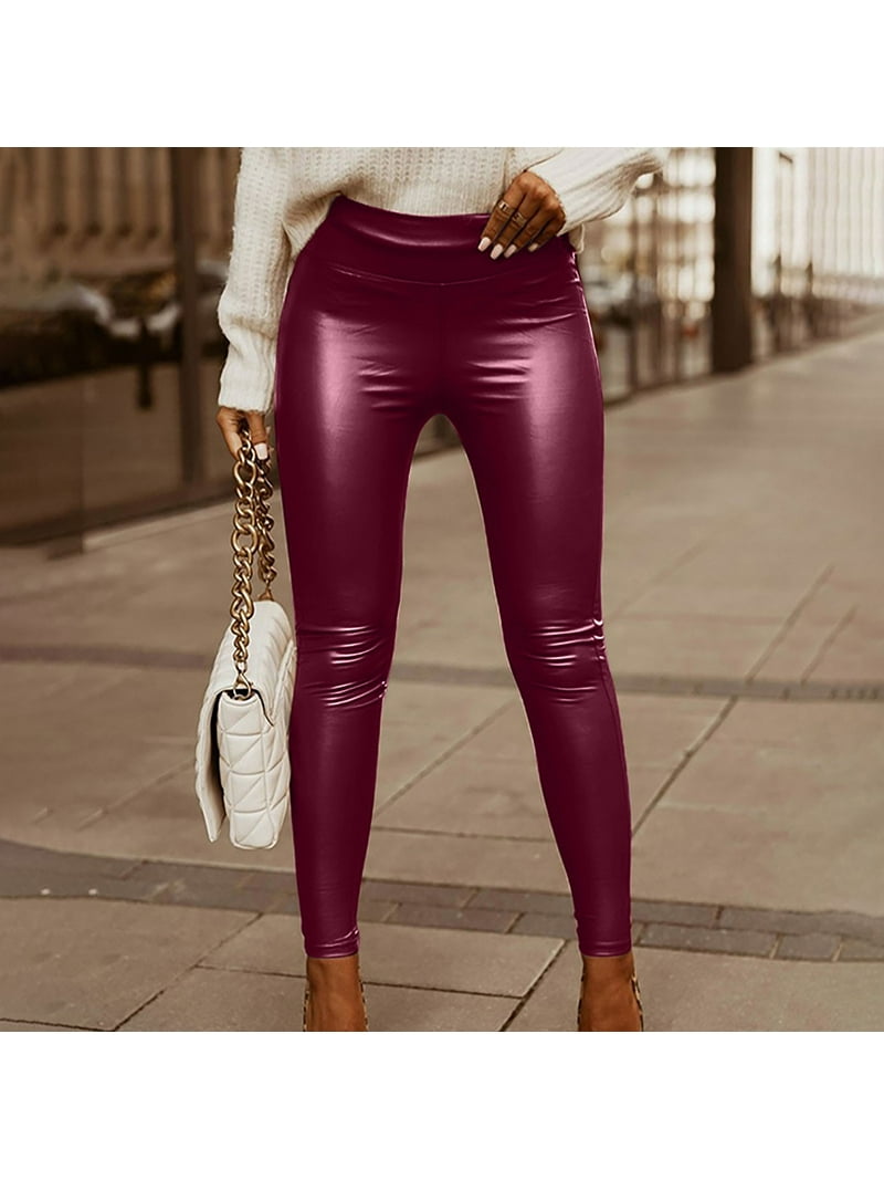 HTNBO Womens Faux Leather Leggings Mid Waisted Pleather Straight Pants  Skinny Pencil Tights