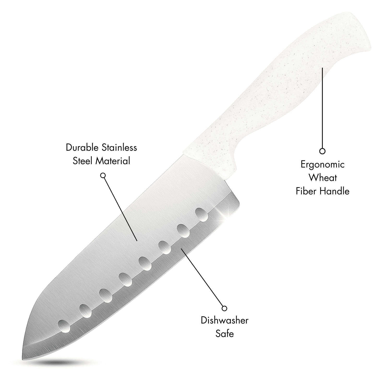 Beille 5pc Stainless Steel and Wheat Fiber Kitchen Knife Set (Utility, Paring, Santoku, Chef and Bread Knives)