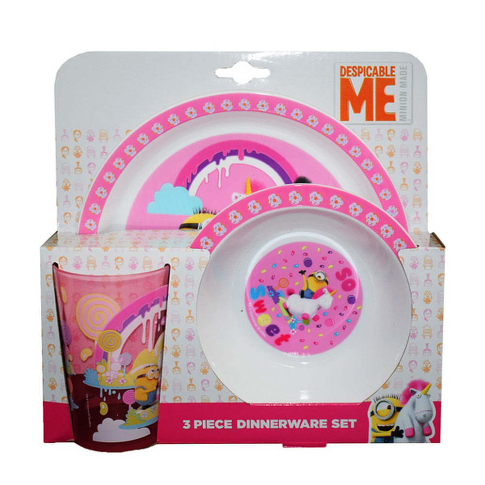 Cutlery Set Cup Plate Ideal for Kids Packed Lunches and Meal Times Despicable Me Fluffy Unicorn Complete Childrens Meal Set Bowl Includes Lunch Bag Snack Pot and Bottle