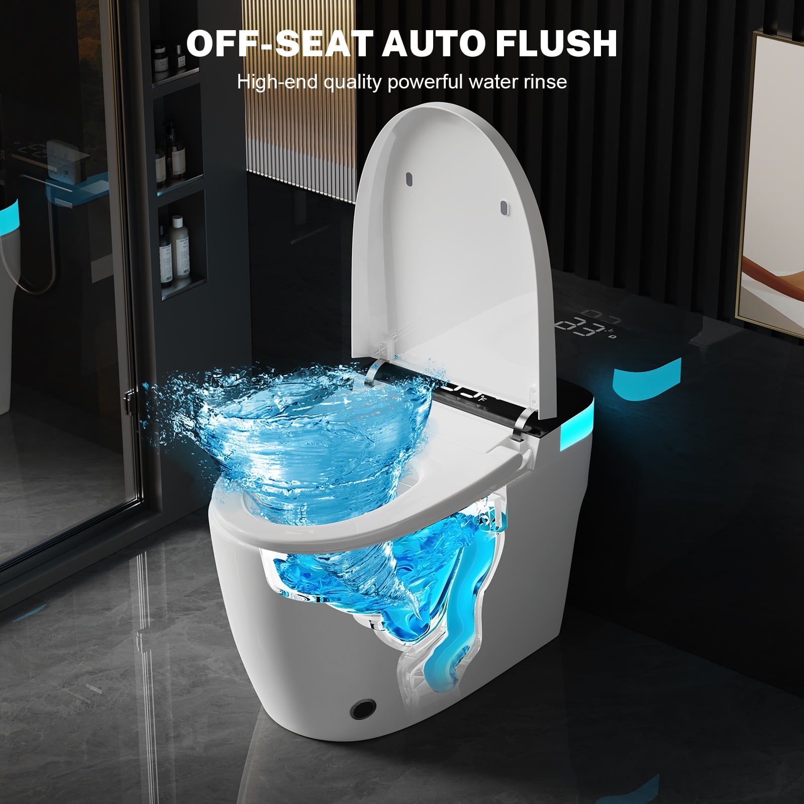 Smart Toilet with Heated Seat, Auto Flush and Foot Sensor, Modern One-Piece Toilet with Night Light, Quiet Close Lid, Water-Saving Dual Flush, 110V for US Bathrooms