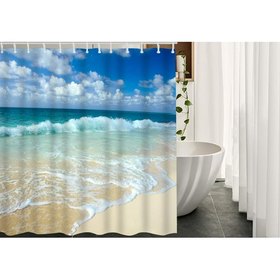 JOOCAR Seascape Shower Curtain with Hooks Ocean Beach Clouds Coast Sky Sunny Polyester 72x72 inch