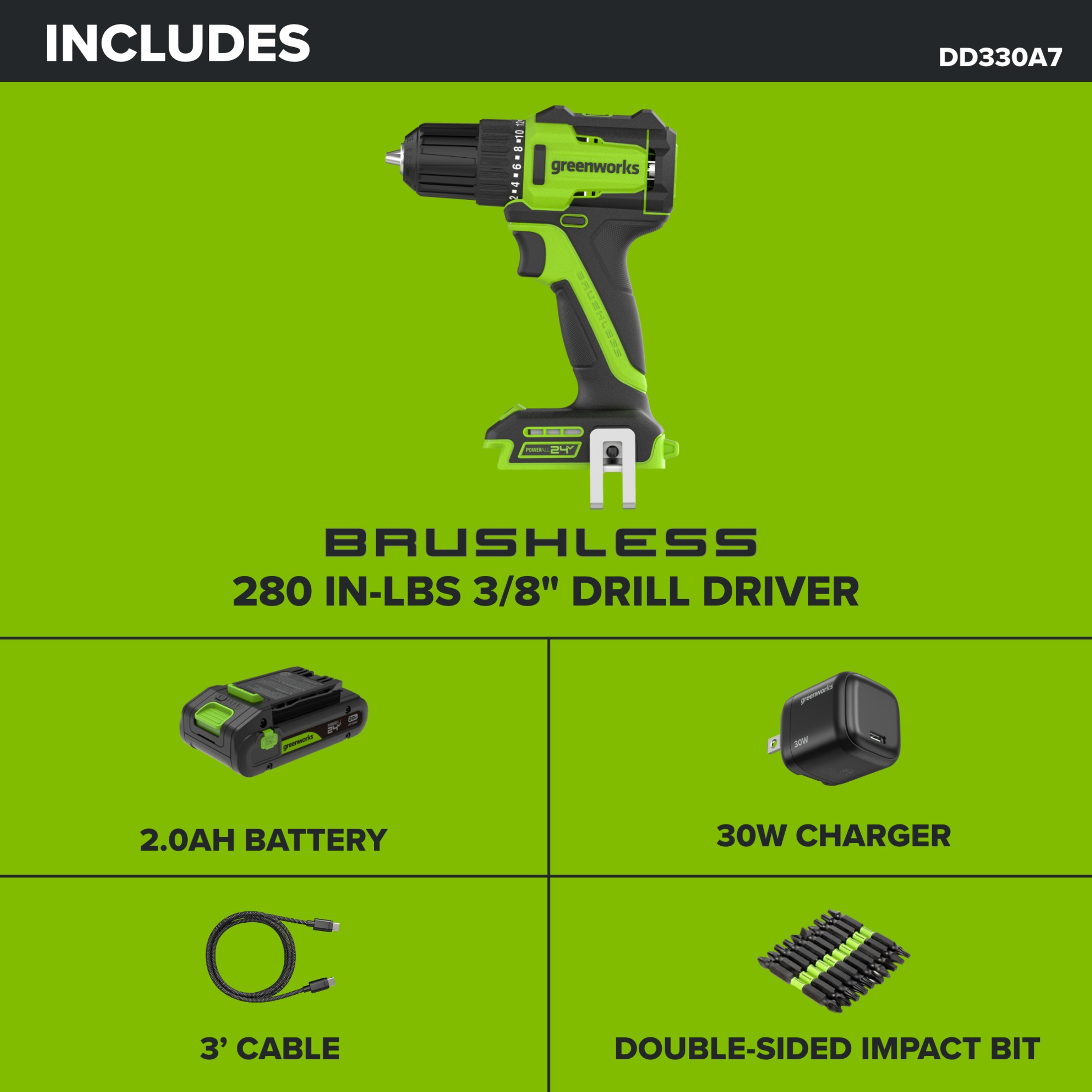 Greenworks PowerAll 24V Cordless Drill, 280 In-lb, USB-C photo 7