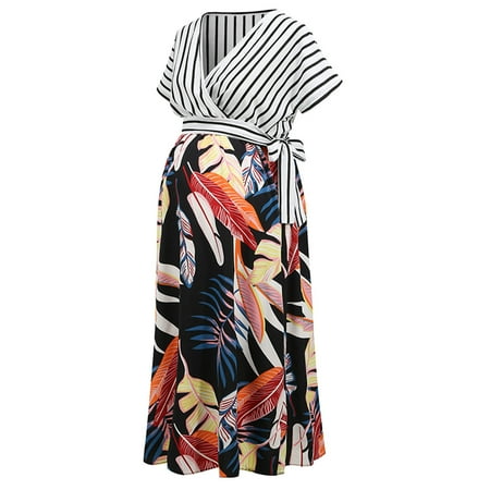 

QIPOPIQ Maternity Dress Clearance Ladies Fashion Plant Stripe Print Short Sleeve Maternity Breastfeeding Woman Clothe Dress
