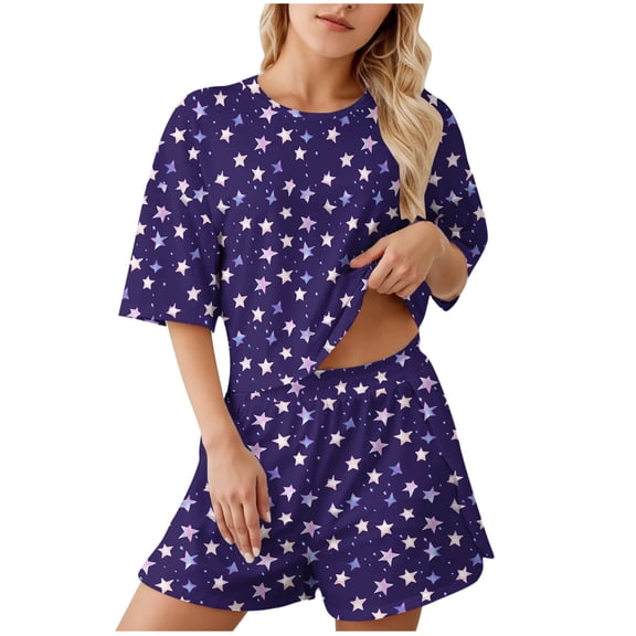 Hrsba 2 Piece Short Set for Women,Print Crew Neck Top with Elastic Waist Shorts No Drawstring No Pocket Summer Outfits