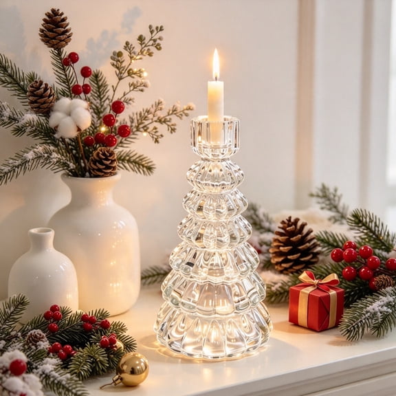 Clear Glass Christmas Tree Candle Holder Elegant Tabletop Centerpiece for Christmas Decor Holiday Winter Home Decor Gift Idea 5.2 In