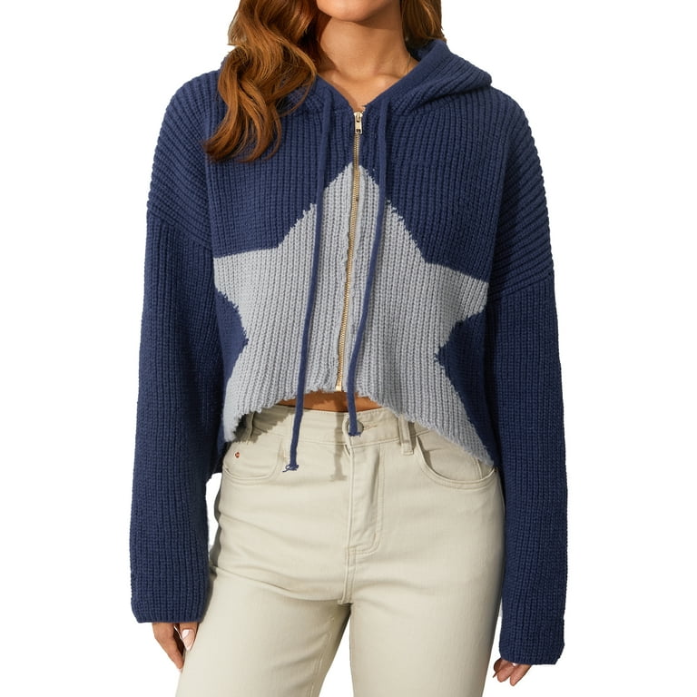 ZIYIXIN Cardigan Women Cropped Sweater Stars Pattern Contrast Color Hooded  Long Sleeve Pullovers Zipper-Up Loose Tops - Walmart.com