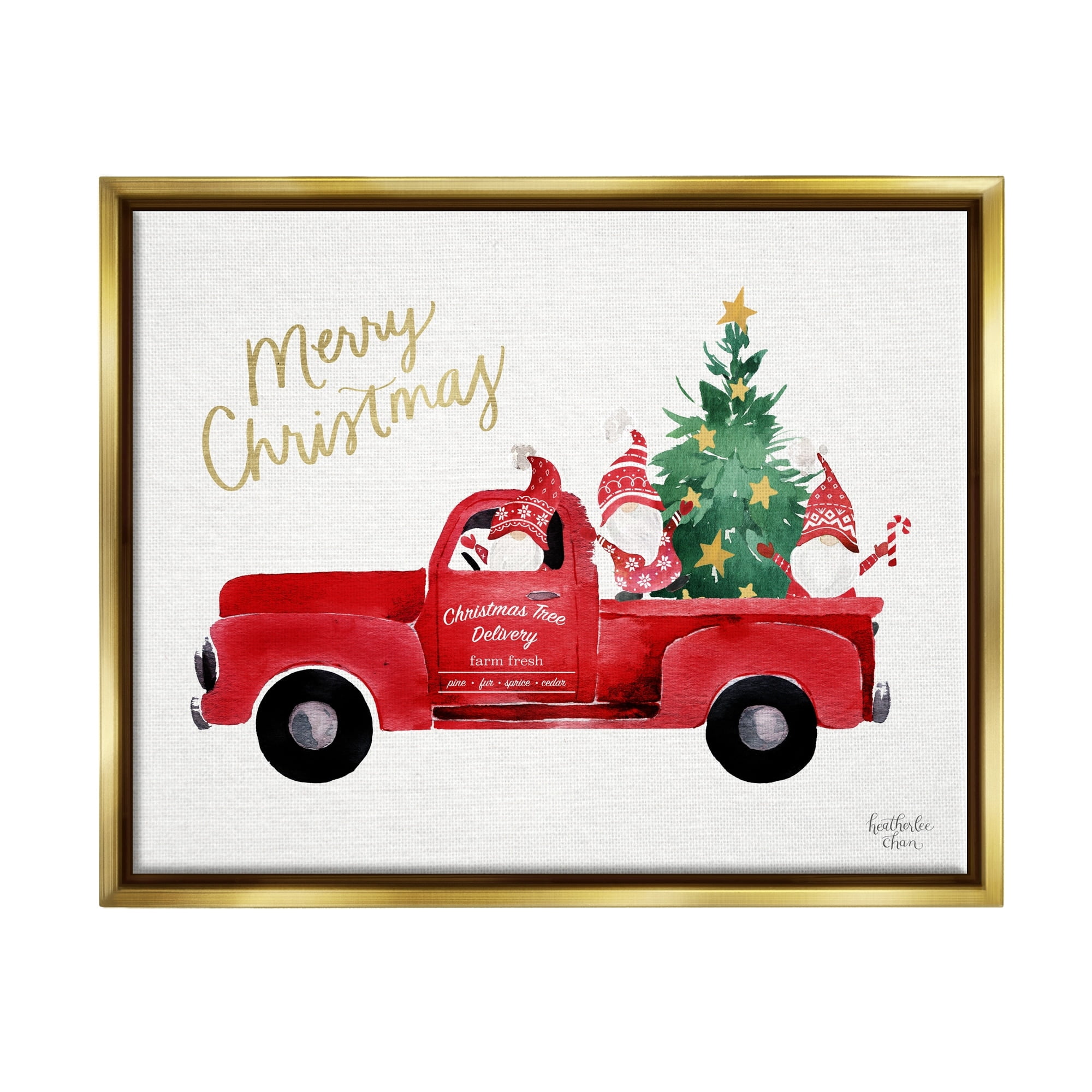 Stupell Industries Merry Christmas Holiday Red Truck Santa Gnomes & Tree Graphic Art Metallic Gold Floating Framed Canvas Print Wall Art, Design by Heatherlee Chan