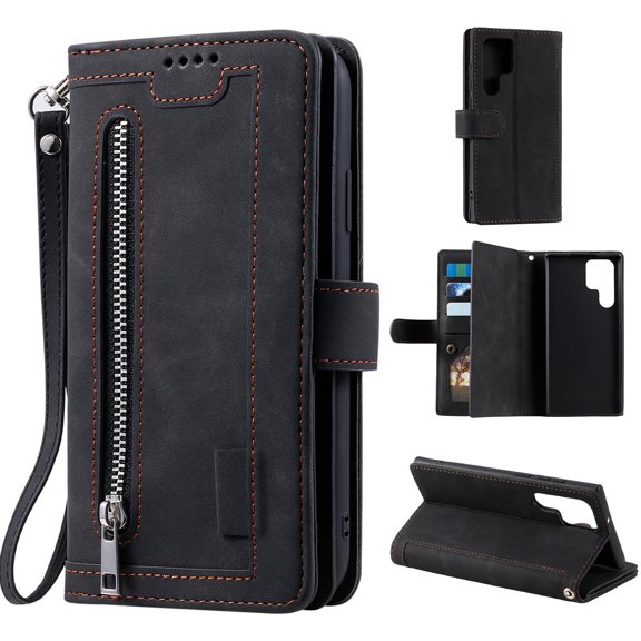 for Galaxy S22 Ultra 6.8" 2022 Flip Zip Wallet Case, PU Leather Case with Card Slot Kickstand & Wrist Strap Shockproof Protective Case for S22 Ultra Women Men, Black