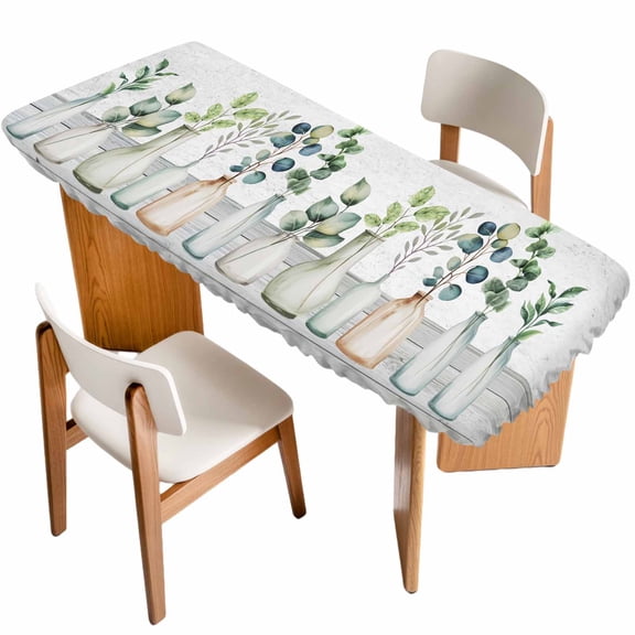 Bottles and Plants Table Cloths for 8 Foot Rectangle Tables, Country Leaves Farmhouse White Wooden Grain Patio Waterproof Elastic Fitted Tablecloths, Washable Rectangular Table Cover for Camping