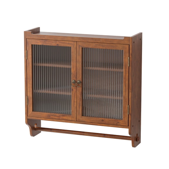 24.8" Wall-Mounted Glass Door Cabinet with Towel Rack, Brown Vintage Double Door Storage Unit with Three Adjustable Shelves for Bathroom Kitchen Dining Room