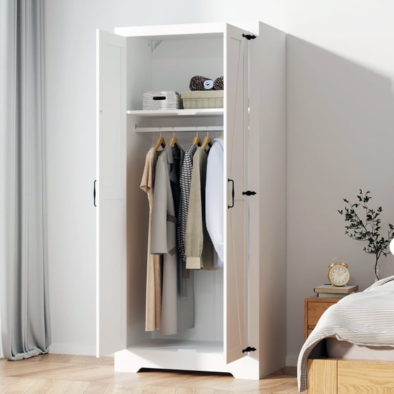 Wood Wardrobe Closet with Shelves,Freestanding Armoire Storage Cabinet for Hanging Clothes,Bedroom Wardrobe with Doors
