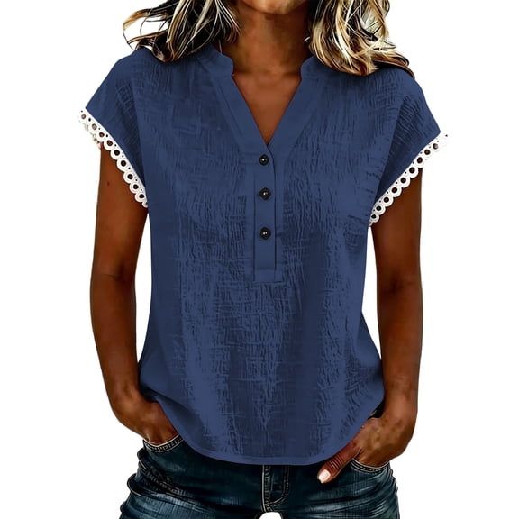 Edvintorg Women's Plus Size Tops Lace Lightweight V Neck Short Sleeve Casual Blouses Womens Fashion Navy L