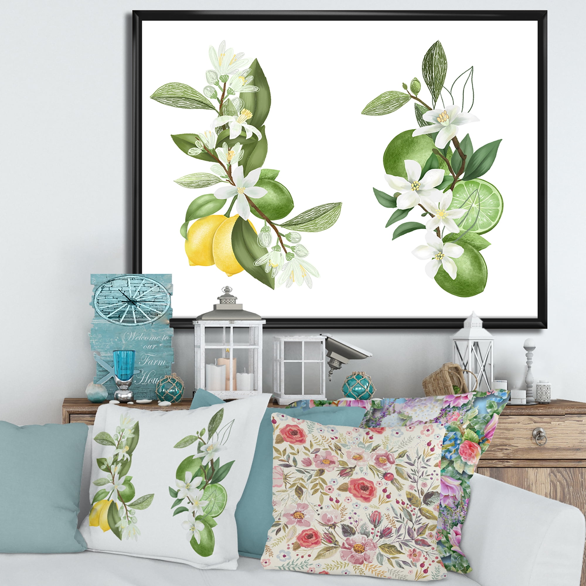 Bouquets Of Blooming Lemon Tree Branches on White 20 in x 12 in Framed Painting Canvas Art Print, by Designart