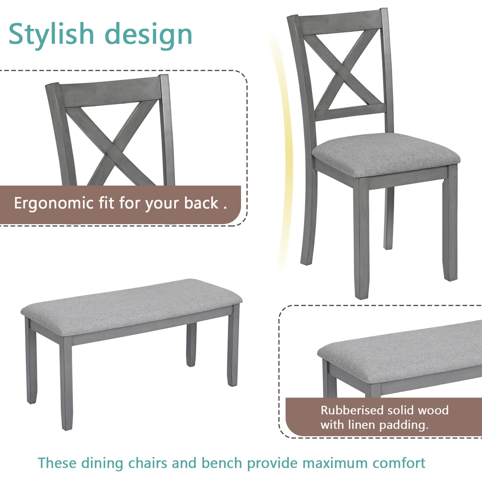 MAYEERTY 6-Piece Kitchen Dining Set Gray Rectangular Wooden Table 4 Upholstered Chairs Bench for 6 People