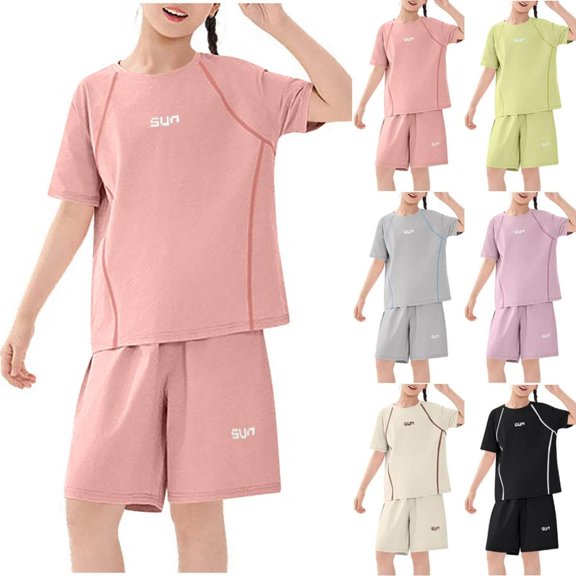 BXSRUTA Kids Boys Girls Summer Athletic Short Sleeve Shirt and Shorts Set Breathable Casual Two Piece Outfit for Ages 4-15