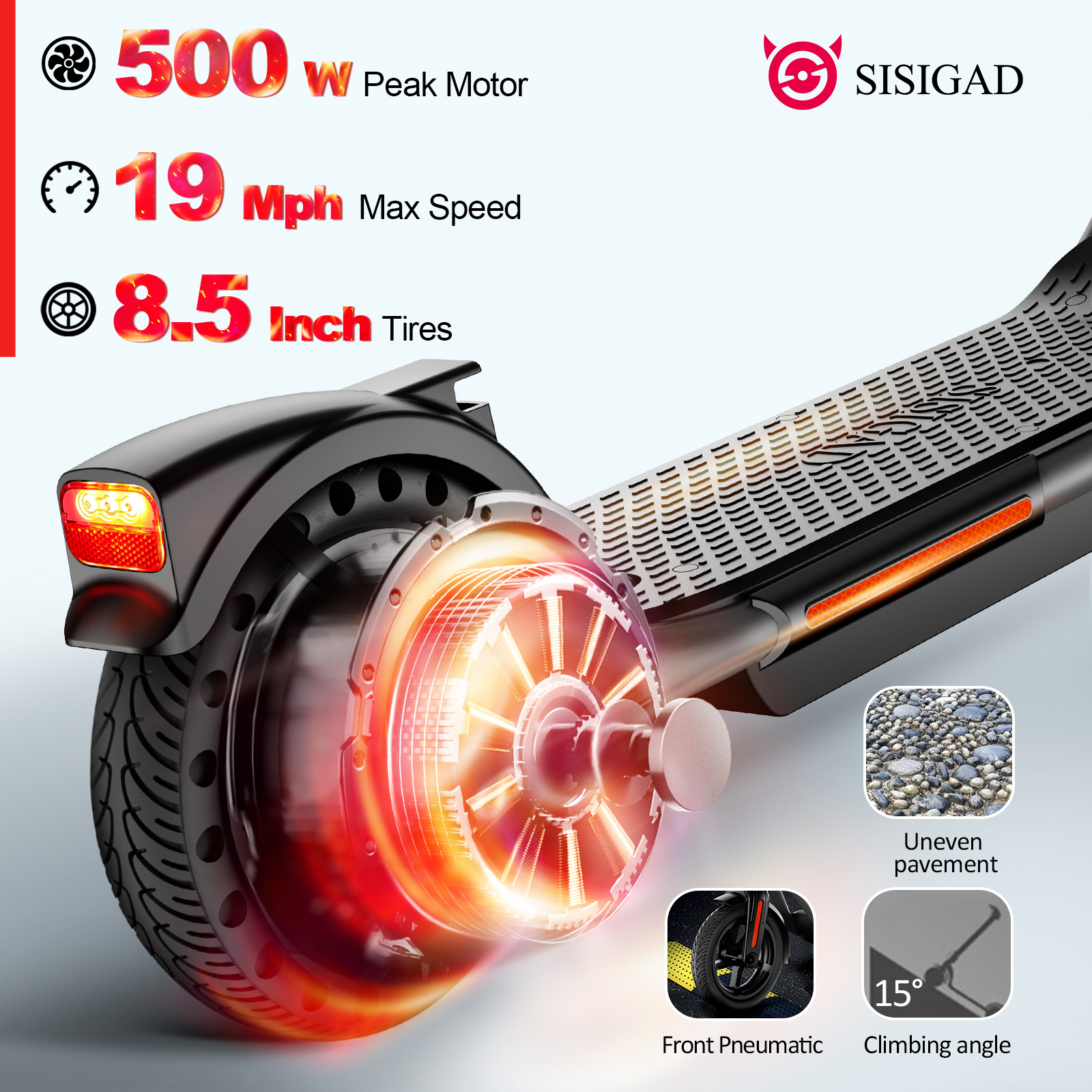 SISIGAD HY-B15 300W 8.5" Electric Scooter, 19Mph High Speed Foldable Commuting Electric Scooter for Adults, APP Support, Solid Rear Tire