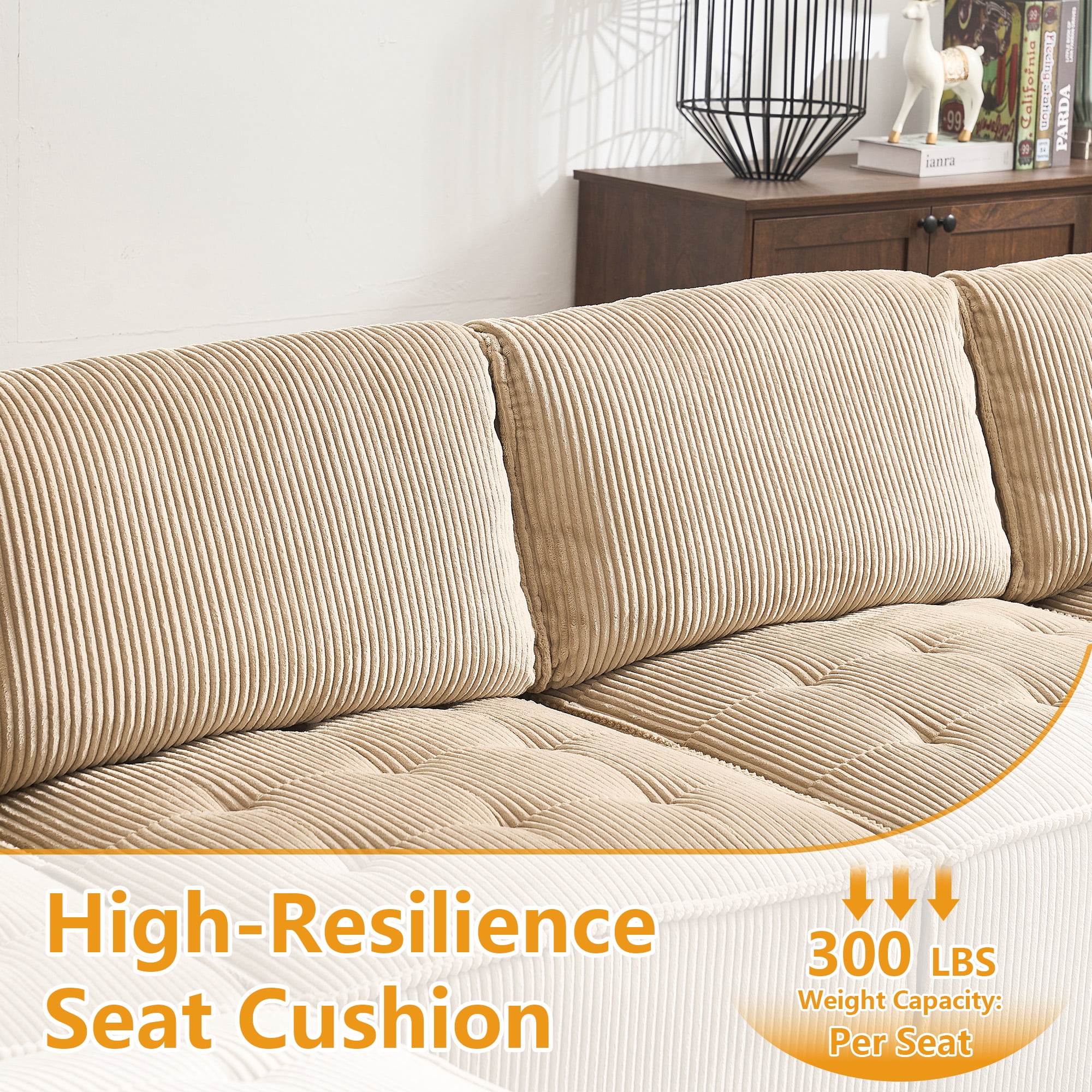 MOONMISS U-Shaped Corduroy Upholstered 6-Seat Convertible Modular Sectional Sofa Fit for Living Room-Khaki
