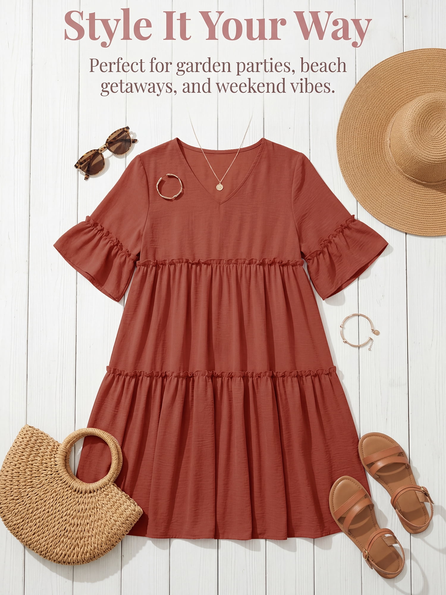 DARING DIVA Women's Maternity Ruffled Short Sleeve Tiered Fit Babydoll Dress 2XL Brown
