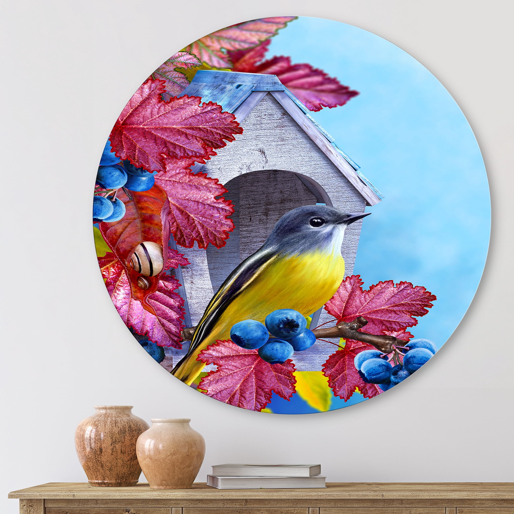 Designart 'Titmouse Bird Sitting On A Berries Branch Near A Birdhouse' Traditional Circle Metal Wall Art 23x23 - Disc of 23