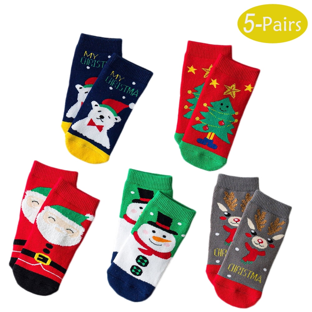 URMAGIC Toddler Little Boy Girl Christmas Socks Pack of 5 Terry Lined