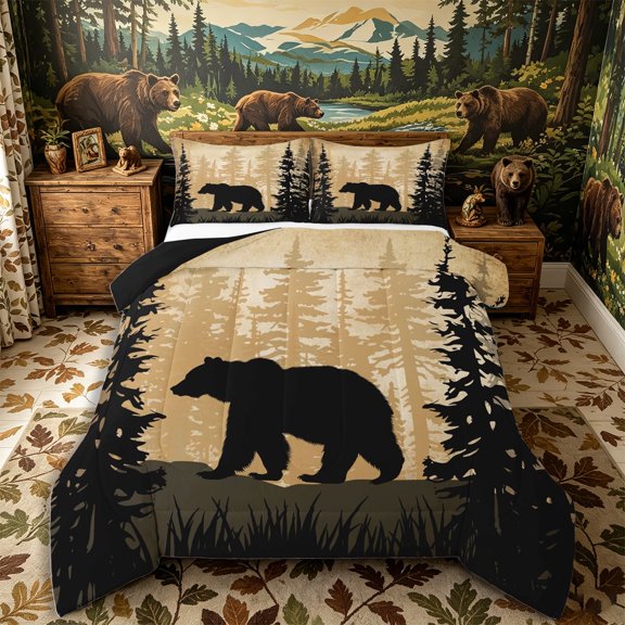 Castle Fairy Safari Bear Full Size Comforter Sets 3-Piece,Woodland Animal Bedding Comforter Set,Black Cream,Black Reversible,1 Comforter and 2 Pillowcases