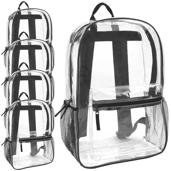 24 Pack of Bulk Wholesale Heavy Duty 17 Inch Clear Transparent Color Trimmed Stadium Approved Backpacks in Black