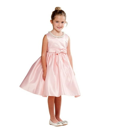 - Crayon Kids Girls Blush Pink Shiny Pearl Bow Detail Flower Girl Dress