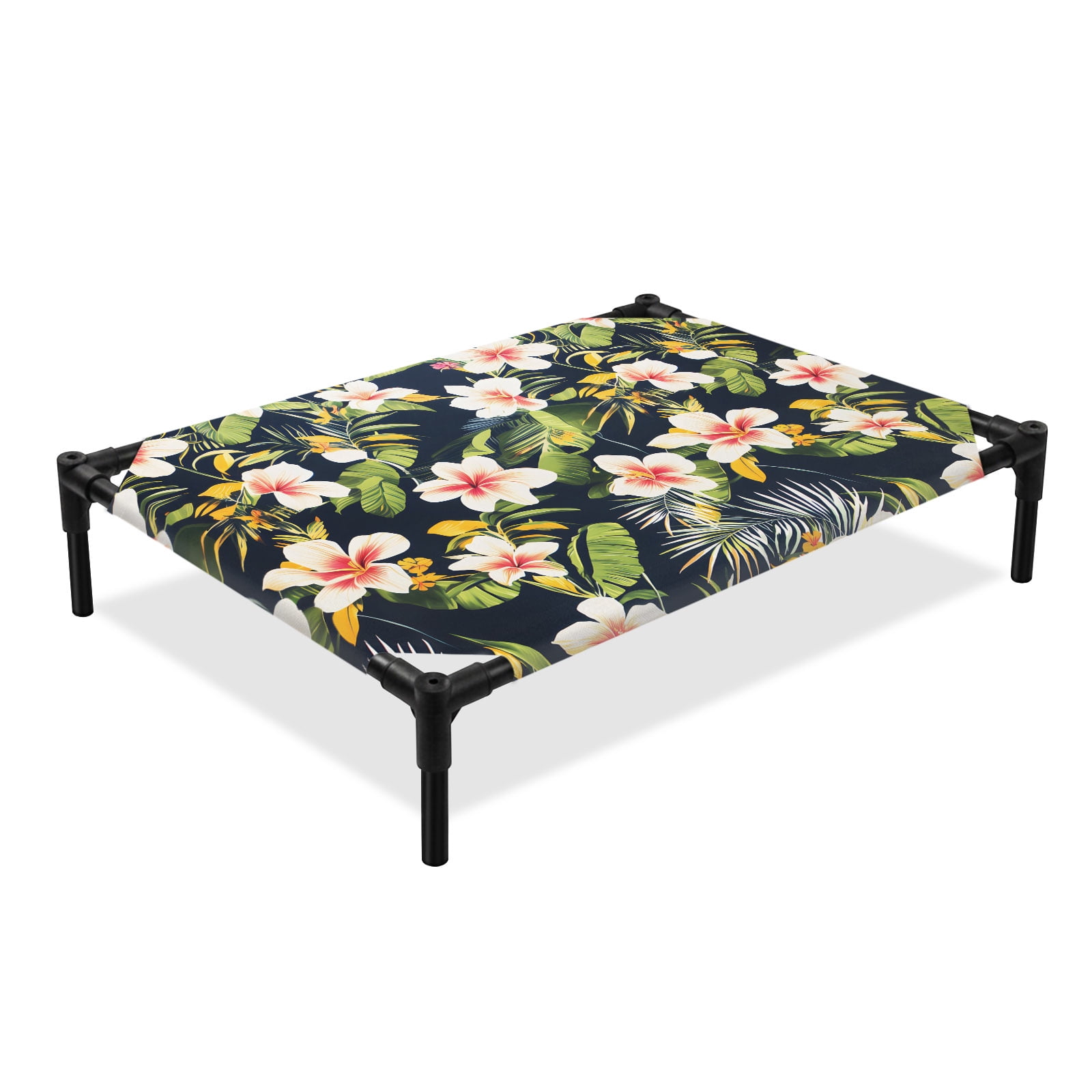 Summer Elevated Dog Bed Green Plant White Red Lily Cooling Breathable Outdoor Raised Dog Cot Bed with Metal Frame Non-Slip Feet for Medium Dog 24x20in