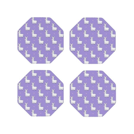 

Leather Coasters Set of 4 - Cute Alpaca Eating Grass Purple Lightweight Non-Slip Drink Coasters for Desk Anti-Scalding Desk Cup Coasters for Office Table Decor Octagon