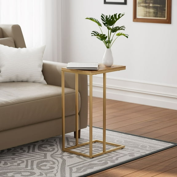 COZAYH Farmhouse C Shaped Couch End Table with Burl Finish Tray Top, Small Snack Sofa Side Table with Metal Frame for Living Room, Bedroom, Easy Assembly, Fir Wood, Natural Wood, Gold