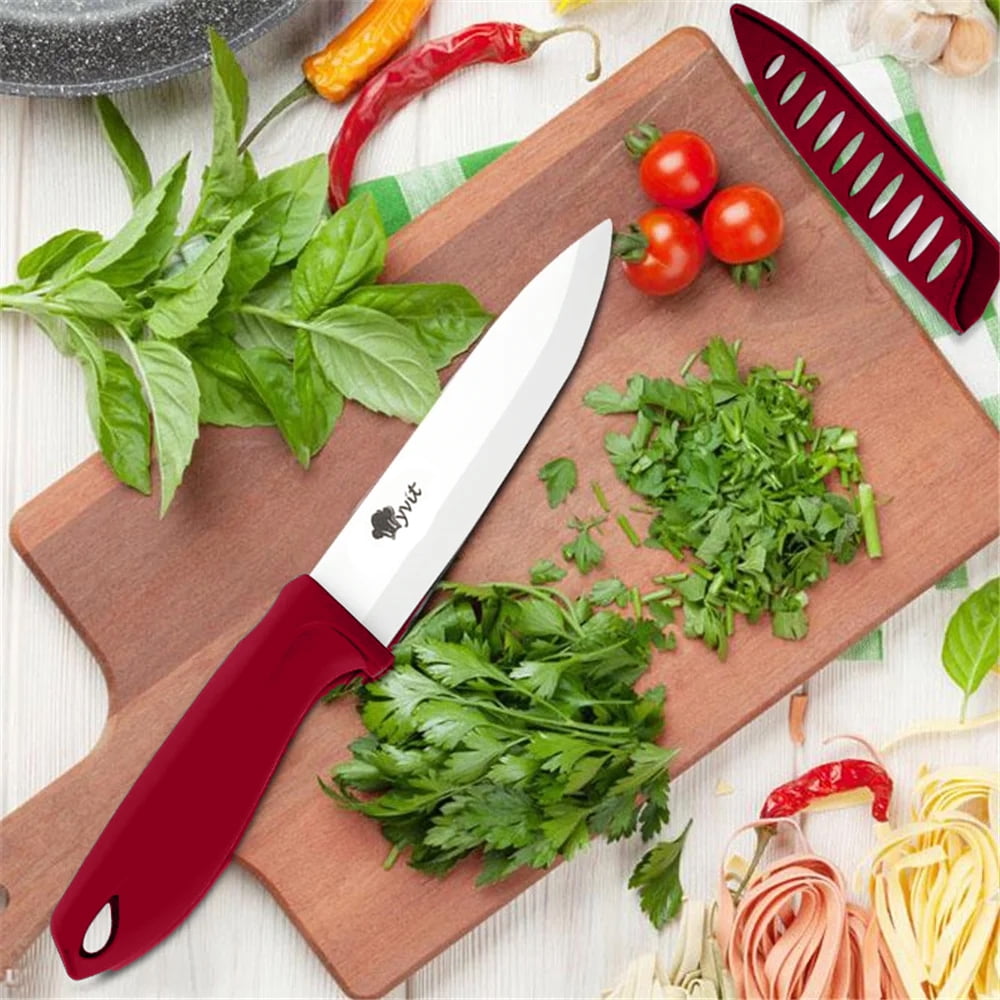 MYVIT Ceramic Knife Set for Kitchen, 11 Piece Fruit Cutting Knife Sharp Paring Knife with Blade Guards and Gift Box,3" 4" 5" Paring,6" Chef & 6" Serrated Bread Knife,Dishwasher Safe,Red