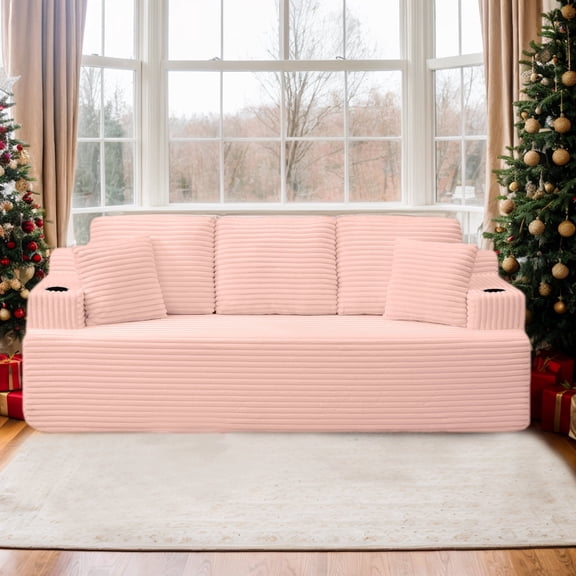 CKEASEAN 86'' Boneless Sofa Couch with Cup Holders & Side Pockets, Modern Corduroy Upholstered 3-seat Couch with Throw Pillow, No Assembly Required, Cloud Floor Couches for Small Spaces & Living Room