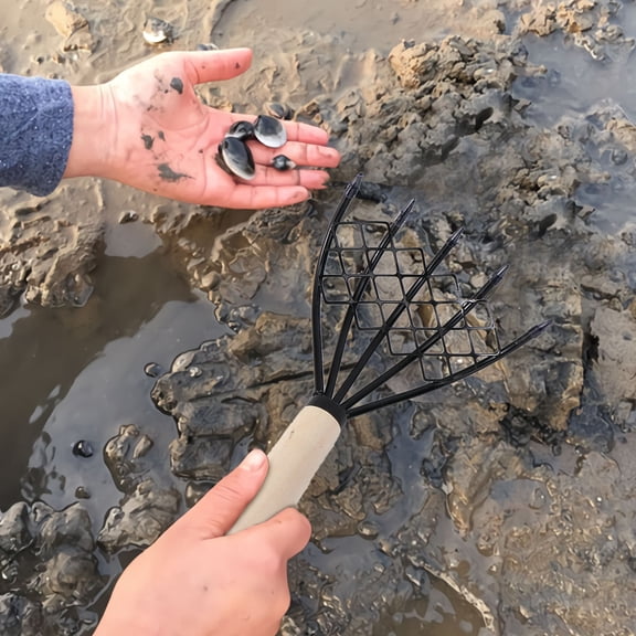 MIPCASE Seafood Digging Net Rake with Sharp Claw and Anti Skid Wood Handle Black Durable Sludge Scraper Tool