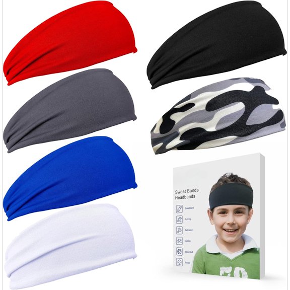 6 PCS Sweatbands for Kids, Soccer Headbands Boys Sports Kids Sweatbands, Breathable Sweat Wicking Headband, Baseball Youth, Black, White, Gray, Blue, Red and Camouflage,(FD01-Kids)